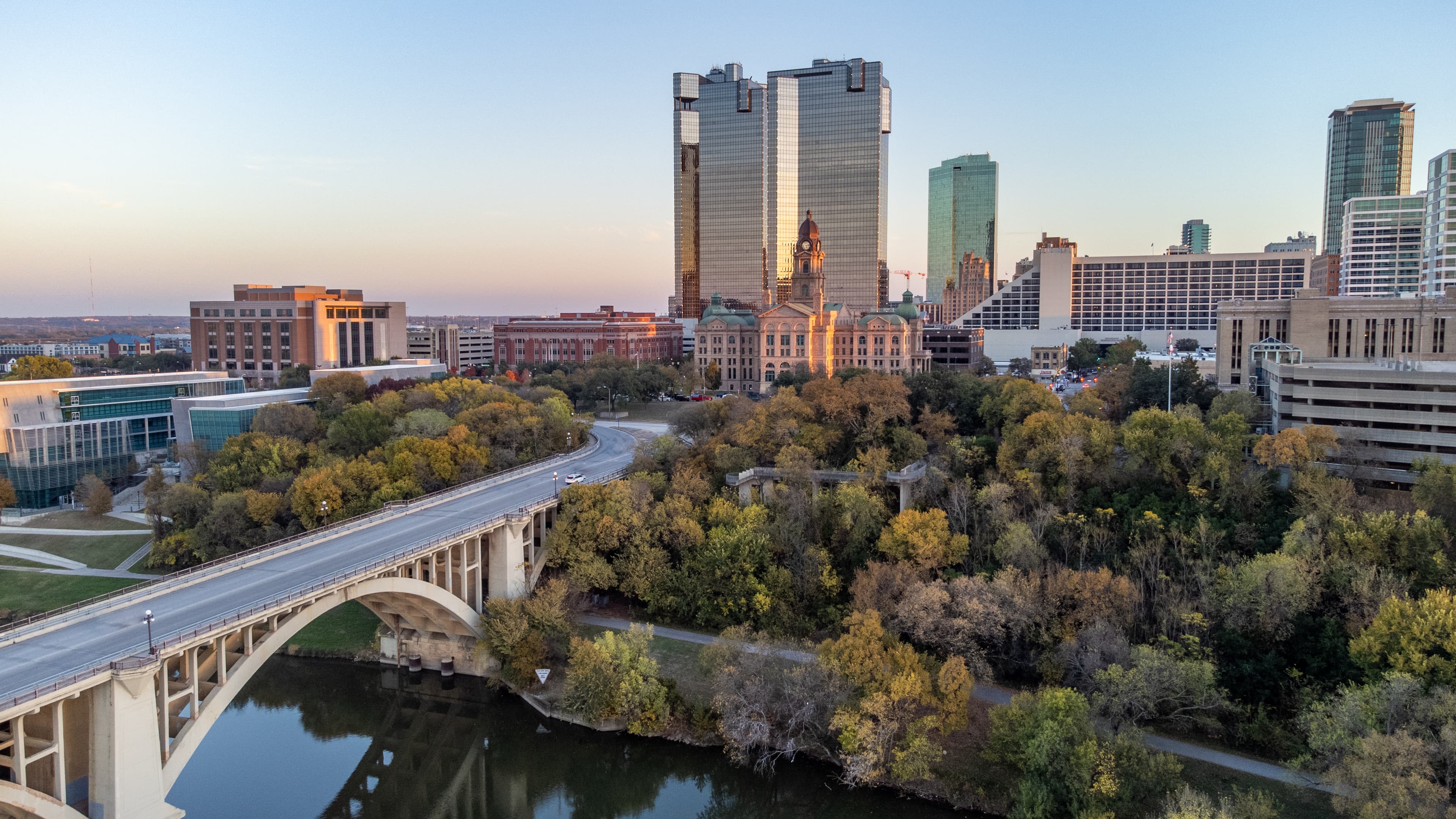 Fort Worth skyline and courthouse near the Trinity River